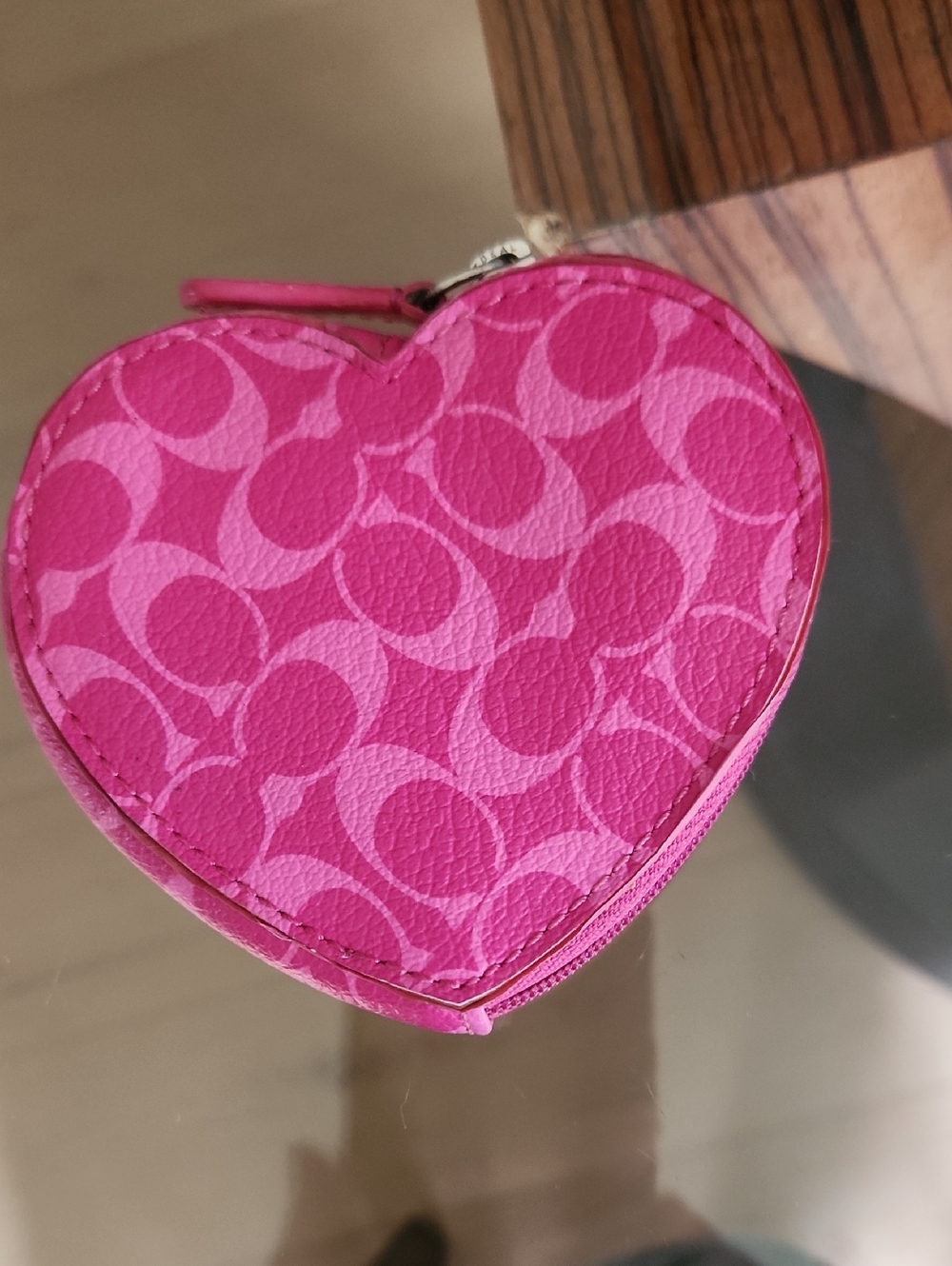 Coach Pink Heart Coin Pouch with Signature Pattern